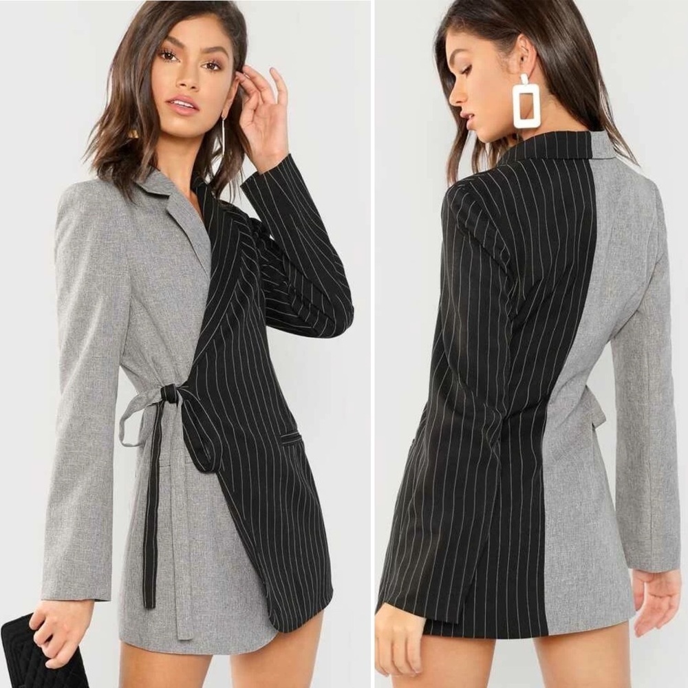 SHEIN Black Gray Colorblock Pinstripe Wrap Blazer Dress Women’s Size Medium